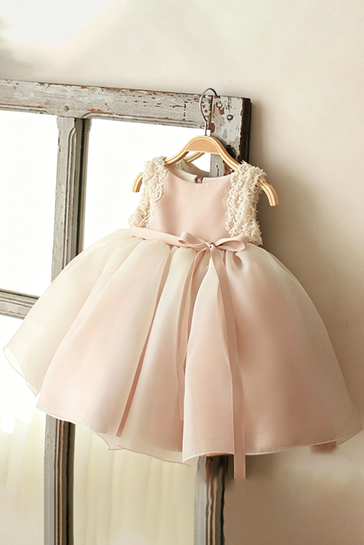 Blush Pink Satin Tulle White Lace Shoulder & Satin Waist Bow A-Line Dress