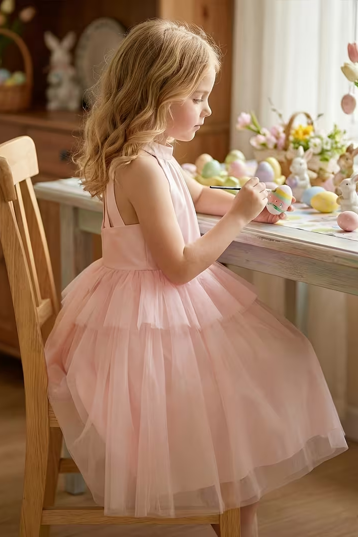 Blush Pink Halter Satin Tiered Tulle Matching Satin Bow Midi A-Line Dress