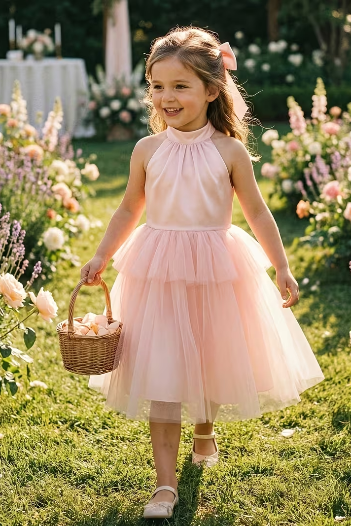 Blush Pink Halter Satin Tiered Tulle Matching Satin Bow Midi A-Line Dress