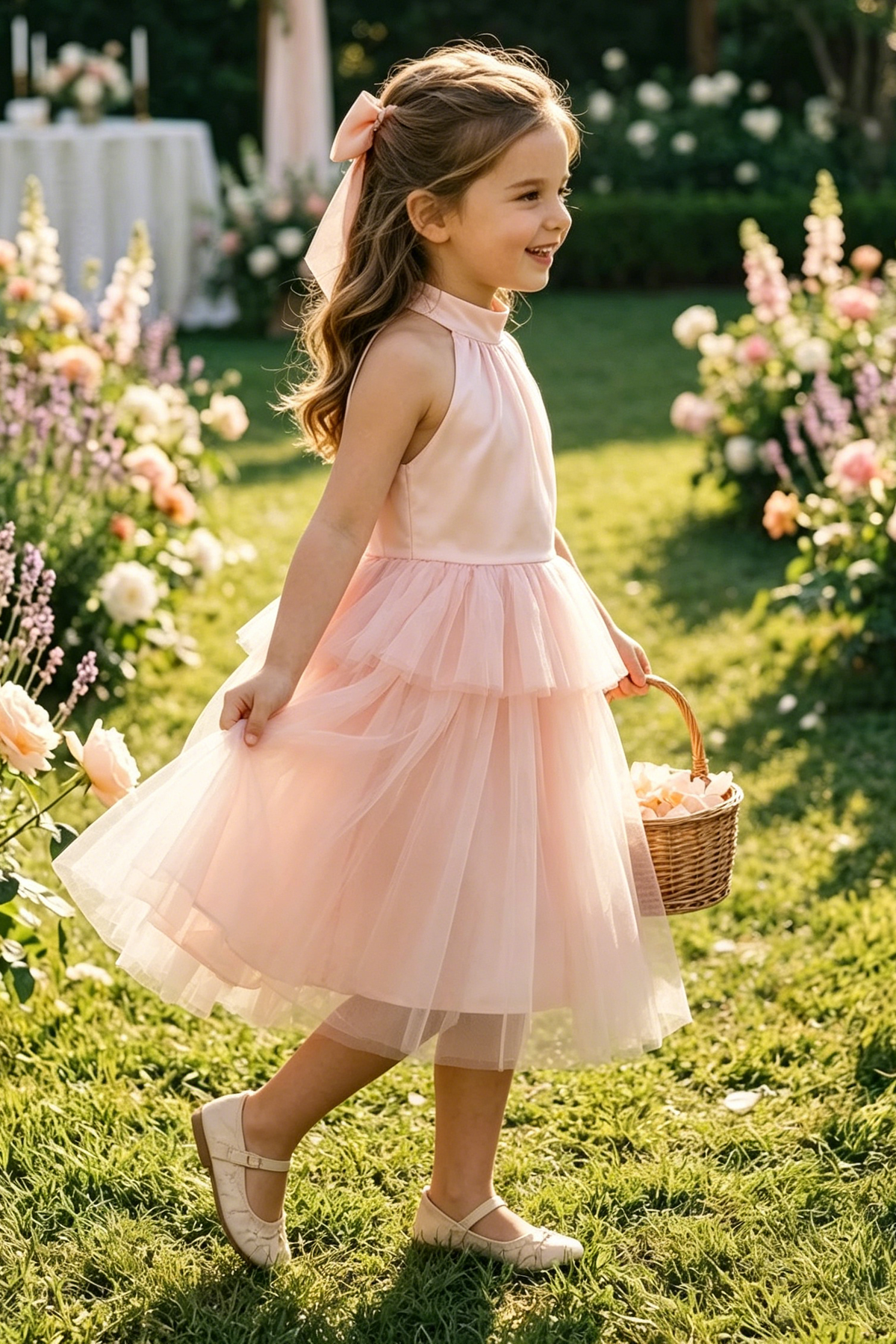 Blush Pink Halter Satin Tiered Tulle Matching Satin Bow Midi A-Line Dress