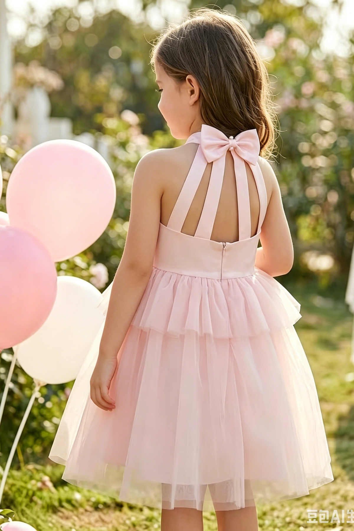 Blush Pink Halter Satin Tiered Tulle Matching Satin Bow Midi A-Line Dress