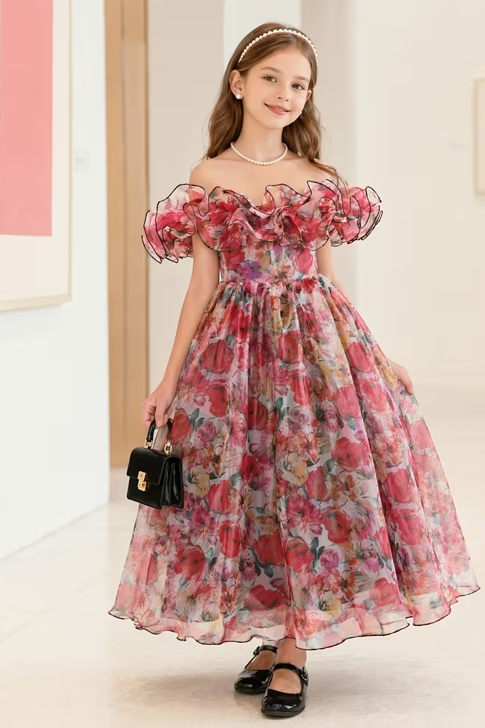 Red Floral Print Chiffon Off-The-Shoulder Ruffled Midi A-Line Dress