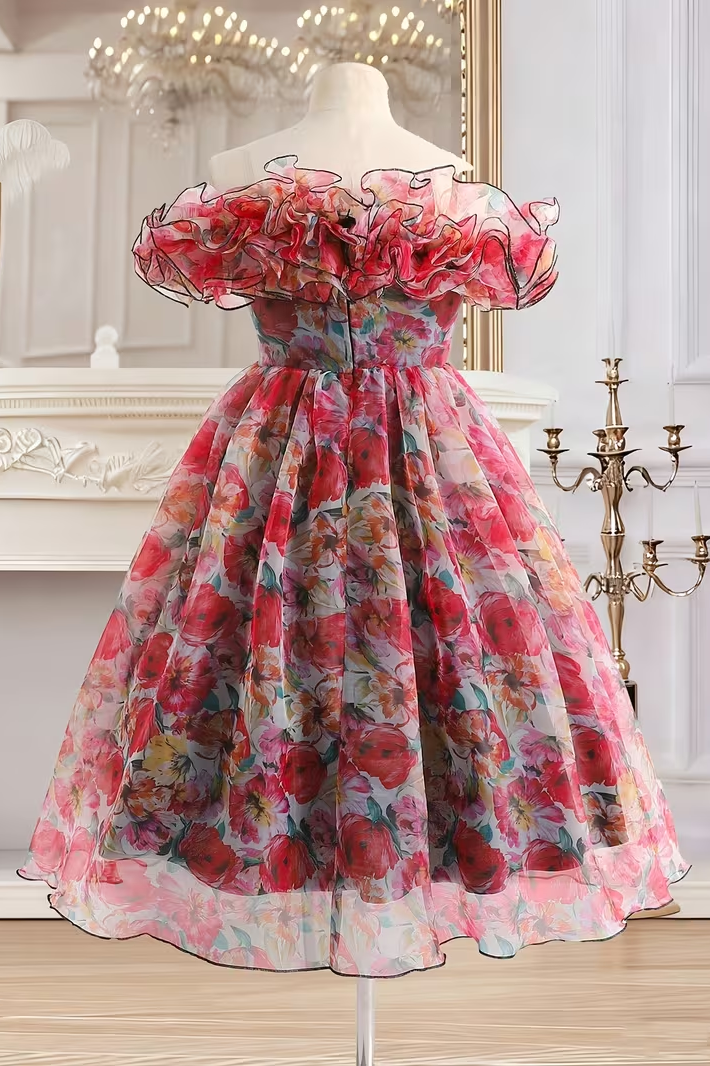Red Floral Print Chiffon Off-The-Shoulder Ruffled Midi A-Line Dress