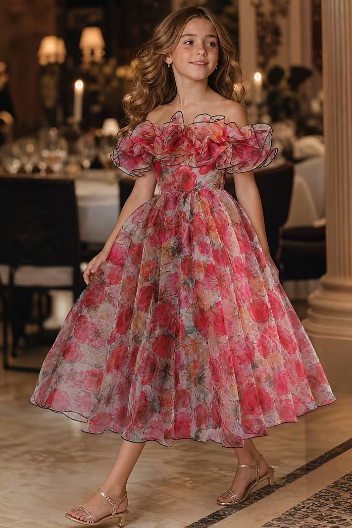 Red Floral Print Chiffon Off-The-Shoulder Ruffled Midi A-Line Dress