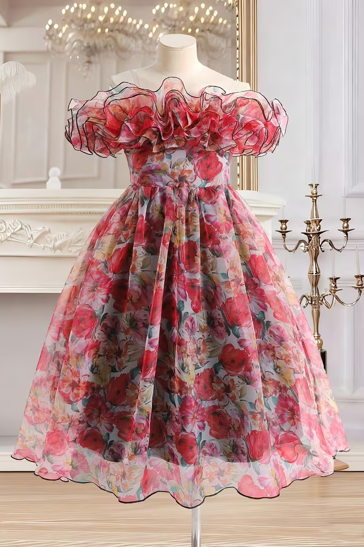 Red Floral Print Chiffon Off-The-Shoulder Ruffled Midi A-Line Dress