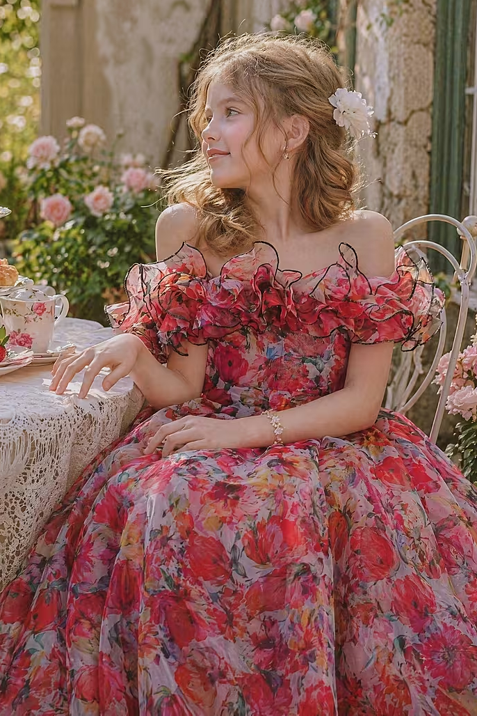 Red Floral Print Chiffon Off-The-Shoulder Ruffled Midi A-Line Dress