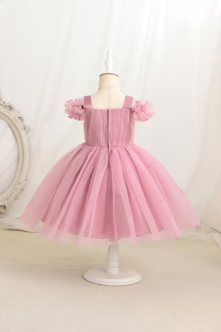 Dusty Pink Pearl Embellished Ruffle Strap Waist-Cinched Tulle A-Line Dress
