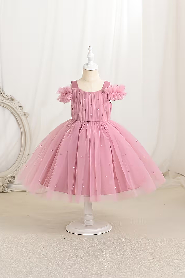 Dusty Pink Pearl Embellished Ruffle Strap Waist-Cinched Tulle A-Line Dress