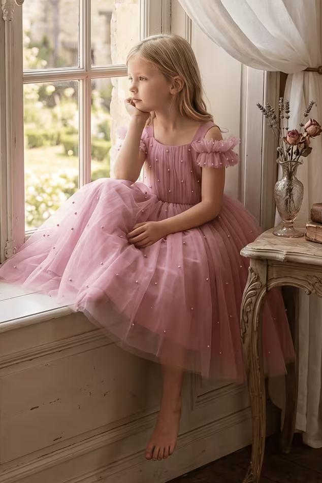 Dusty Pink Pearl Embellished Ruffle Strap Waist-Cinched Tulle A-Line Dress