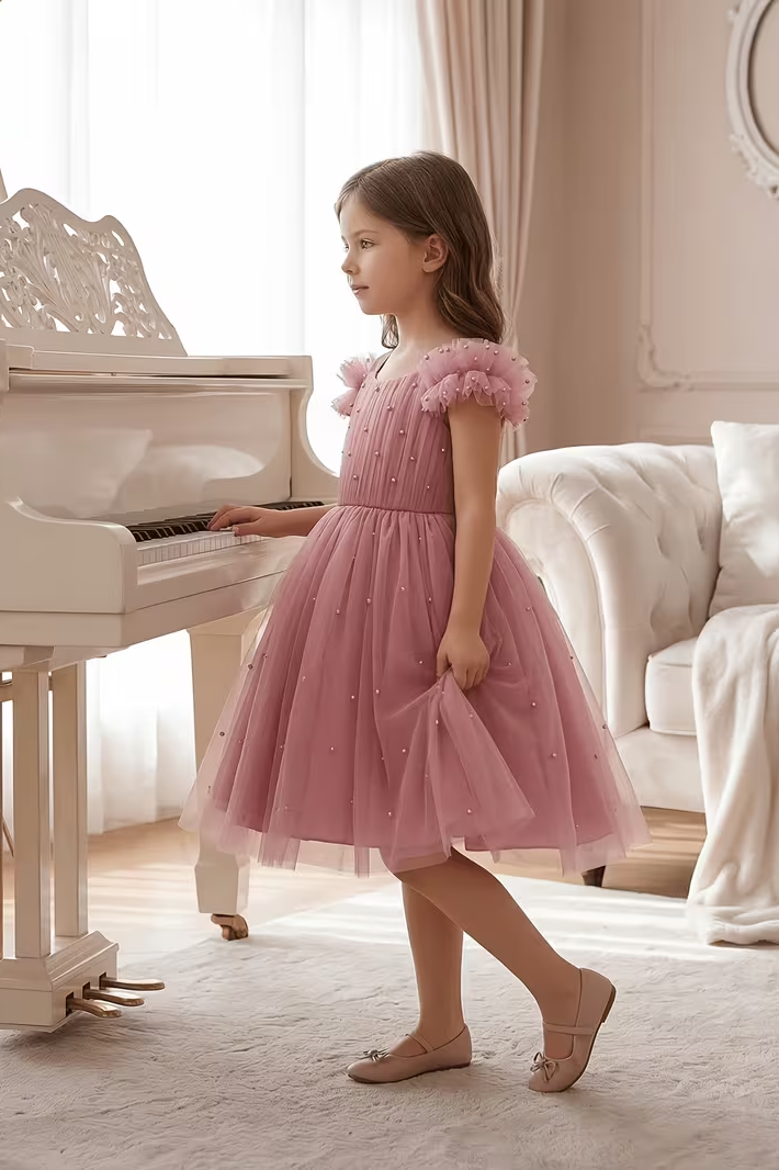 Dusty Pink Pearl Embellished Ruffle Strap Waist-Cinched Tulle A-Line Dress
