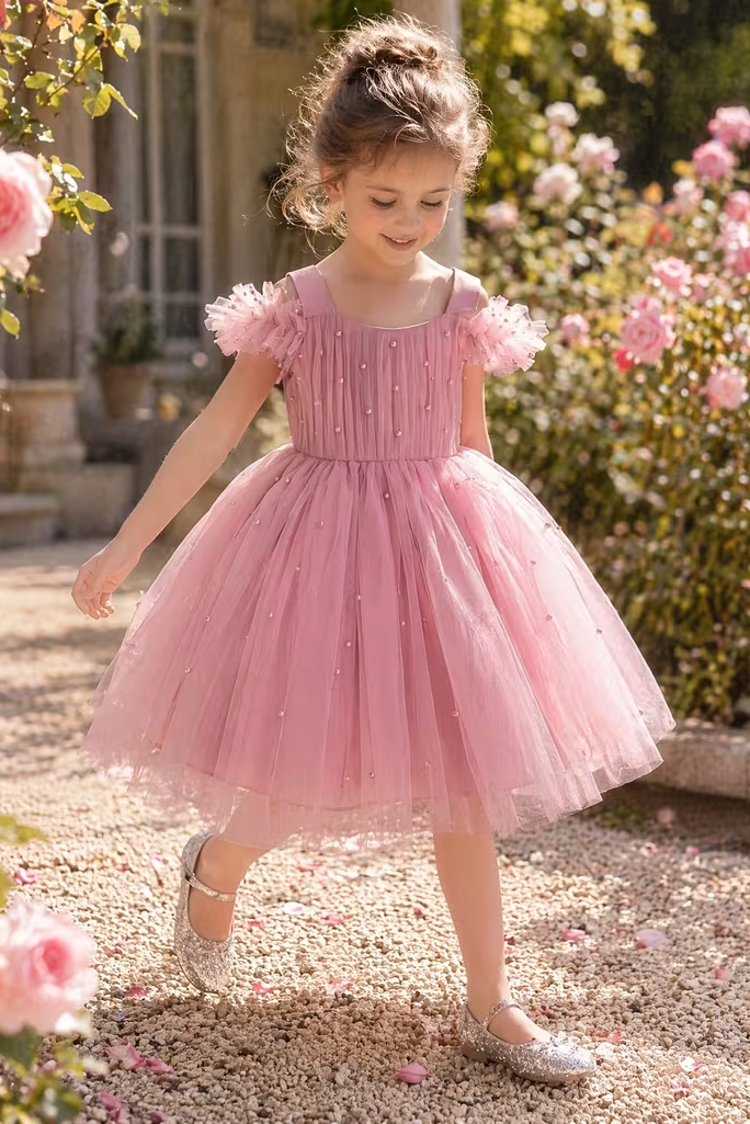 Dusty Pink Pearl Embellished Ruffle Strap Waist-Cinched Tulle A-Line Dress