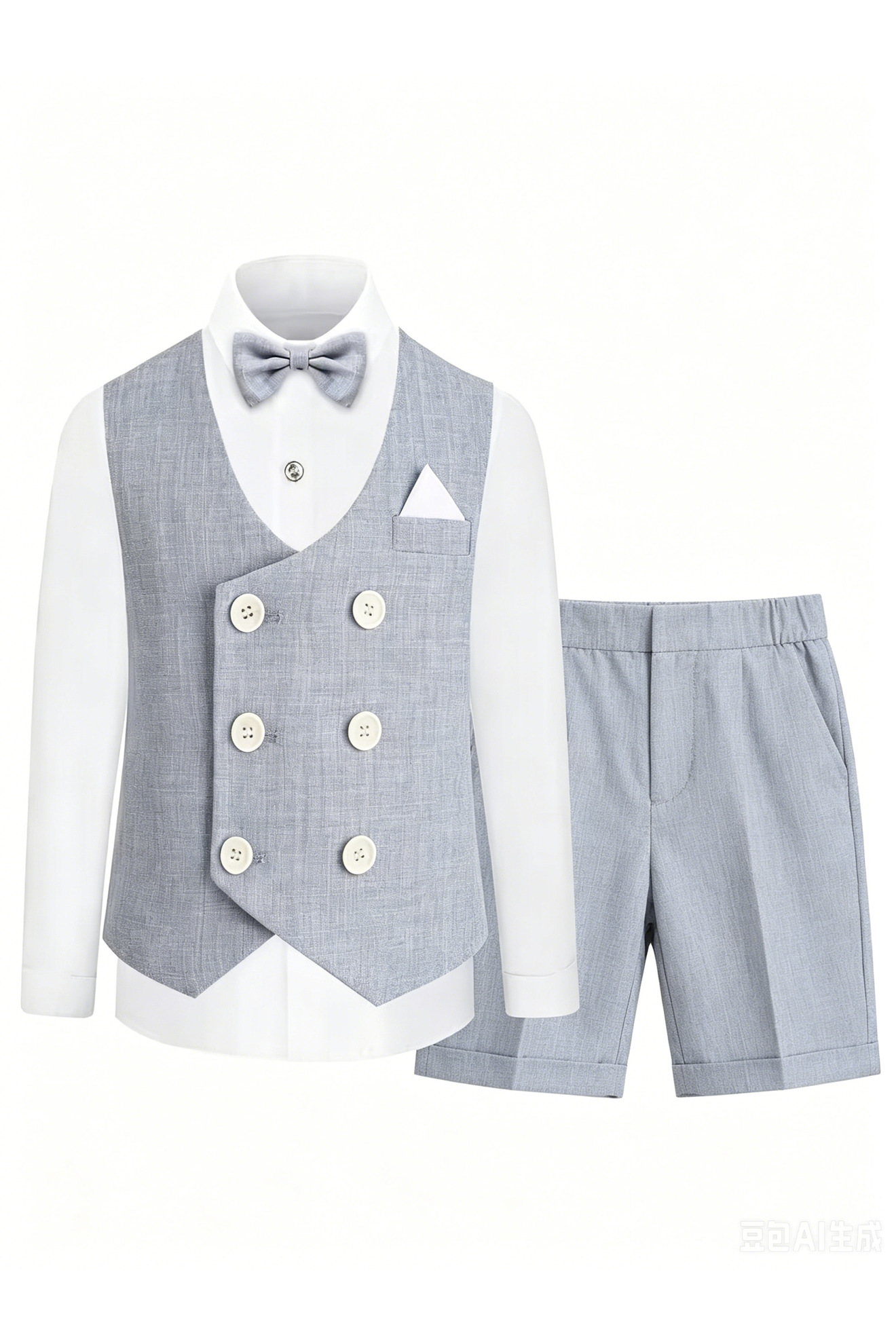 Grey-Blue Cotton-Linen Blend Double-Breasted Waistcoat & Cuffed Shorts 2-Piece Suit