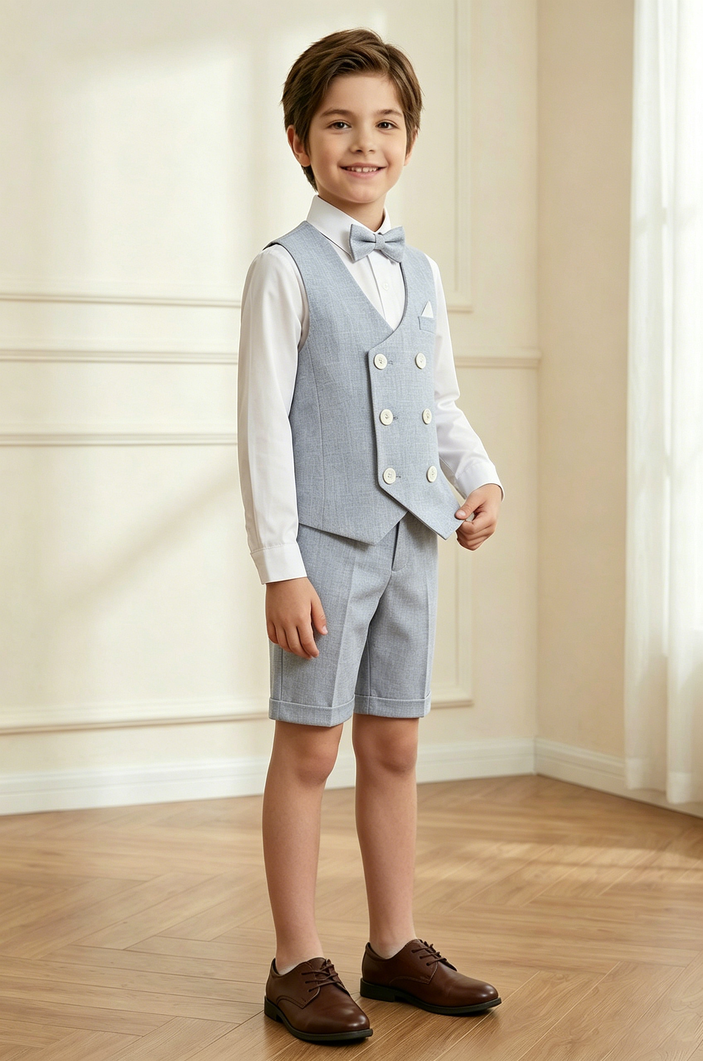 Grey-Blue Cotton-Linen Blend Double-Breasted Waistcoat & Cuffed Shorts 2-Piece Suit