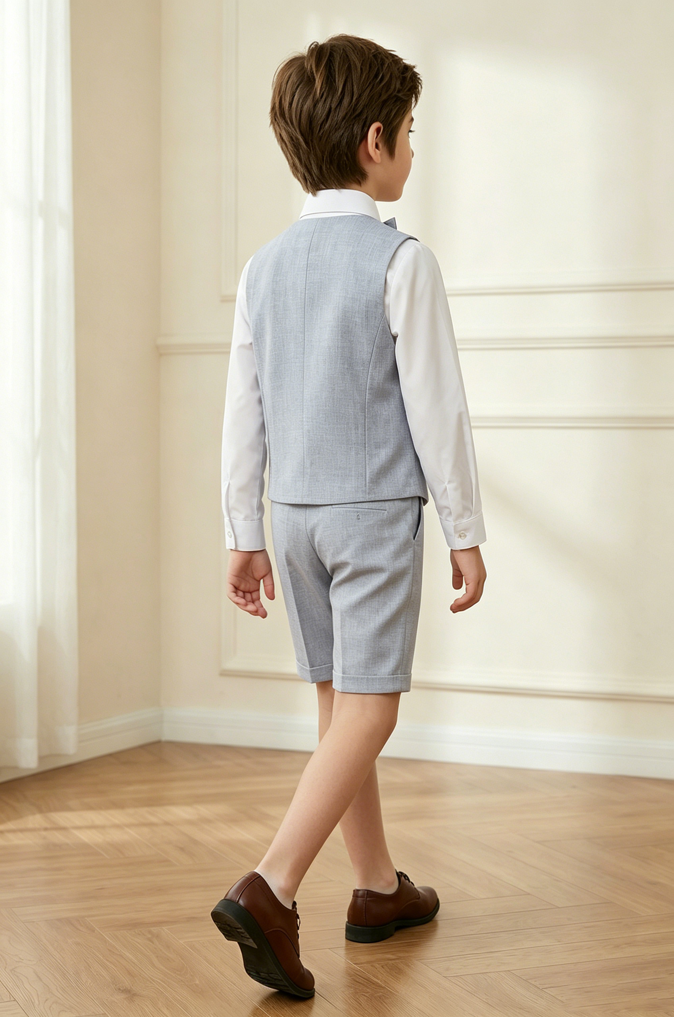 Grey-Blue Cotton-Linen Blend Double-Breasted Waistcoat & Cuffed Shorts 2-Piece Suit