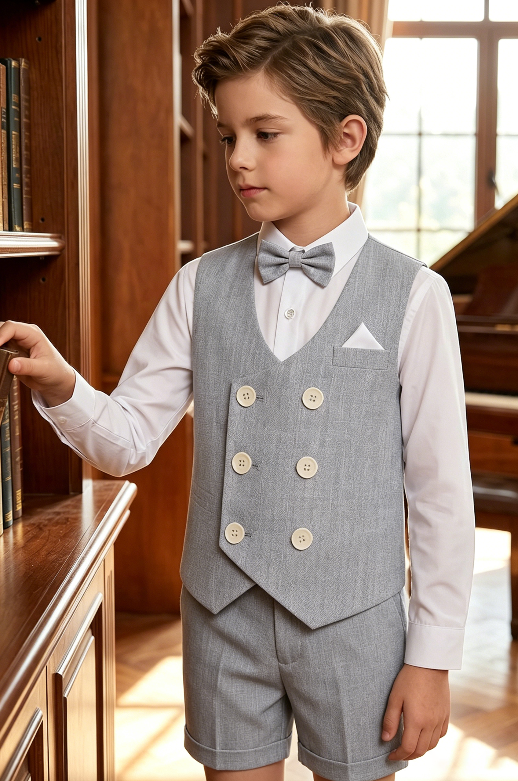 Grey-Blue Cotton-Linen Blend Double-Breasted Waistcoat & Cuffed Shorts 2-Piece Suit