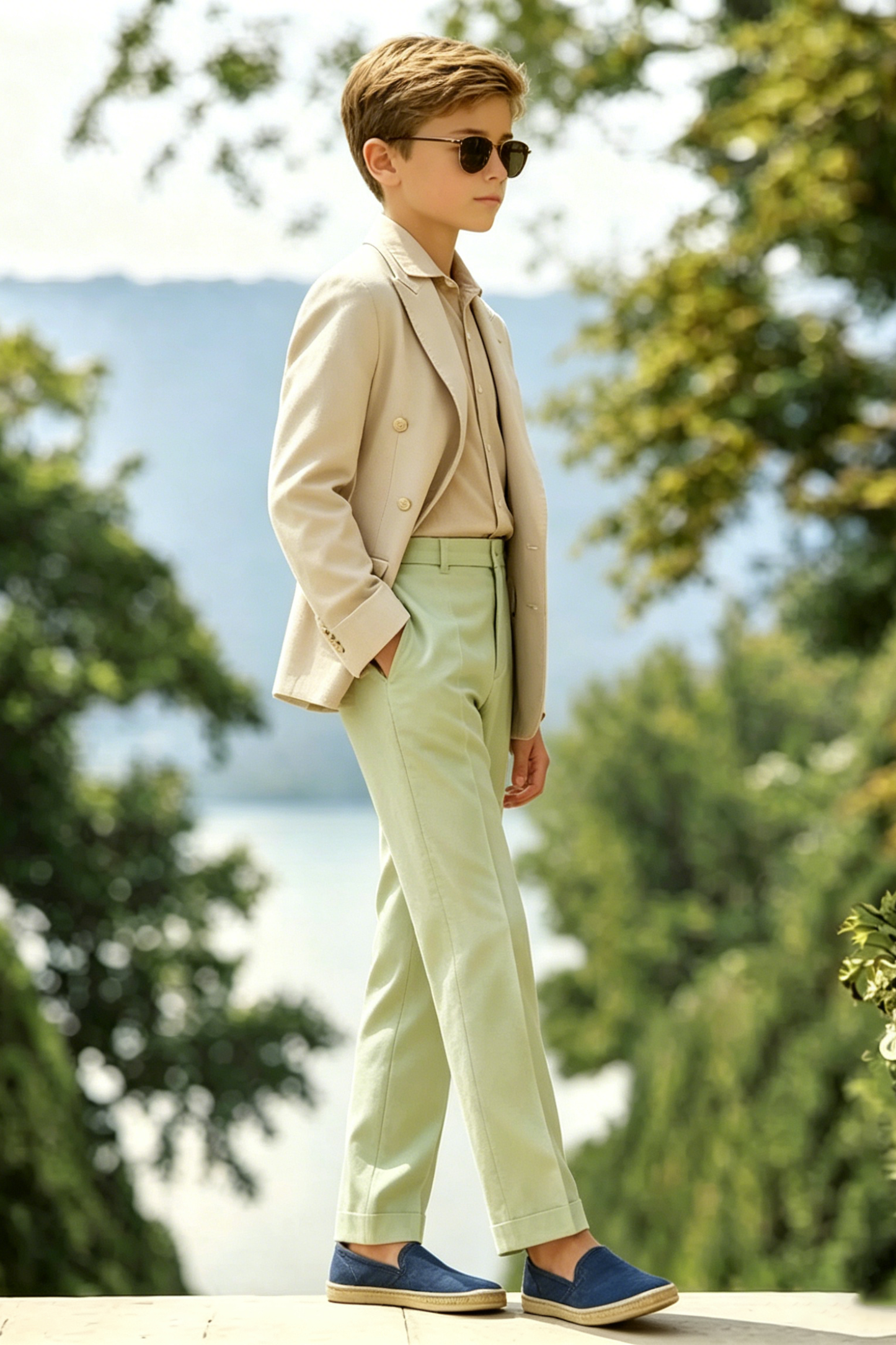 Beige Cotton-Linen Blend Double-Breasted Tailored Blazer
