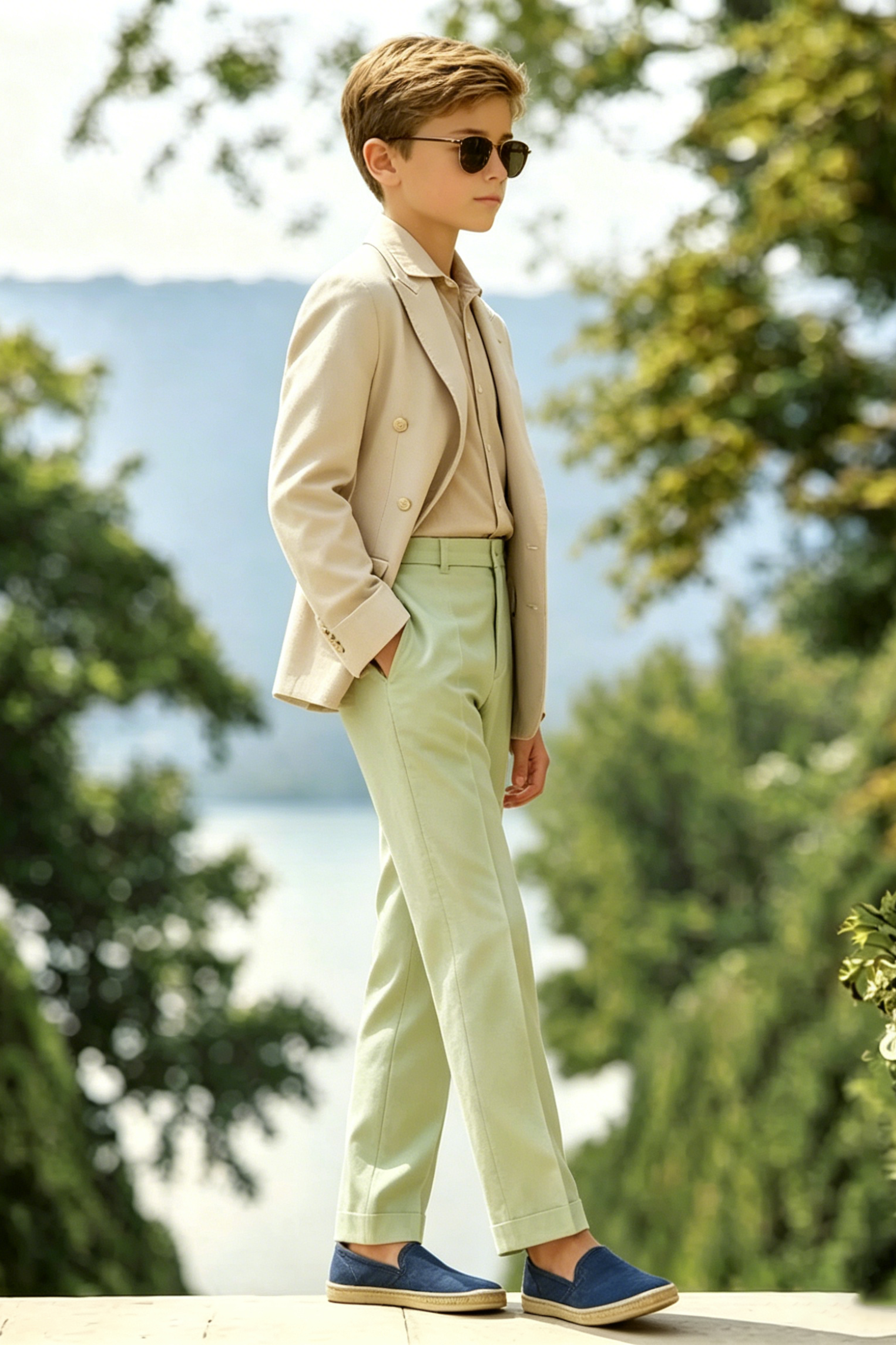 Beige Cotton-Linen Blend Double-Breasted Tailored Blazer
