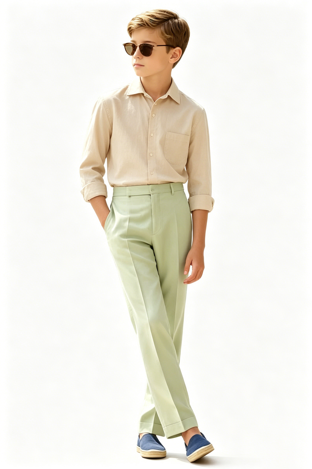 Beige Cotton-Linen Blend Double-Breasted Tailored Blazer