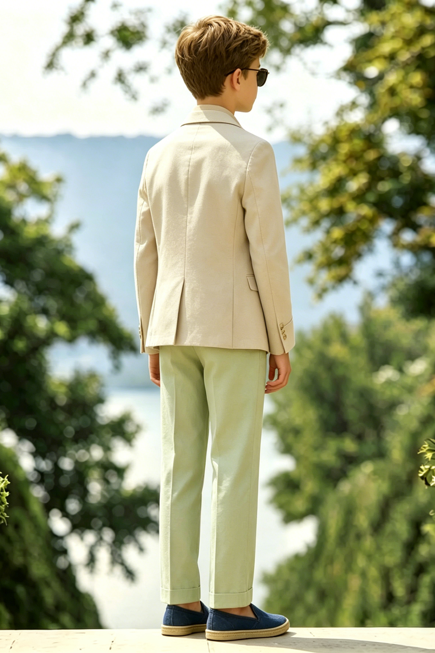 Beige Cotton-Linen Blend Double-Breasted Tailored Blazer