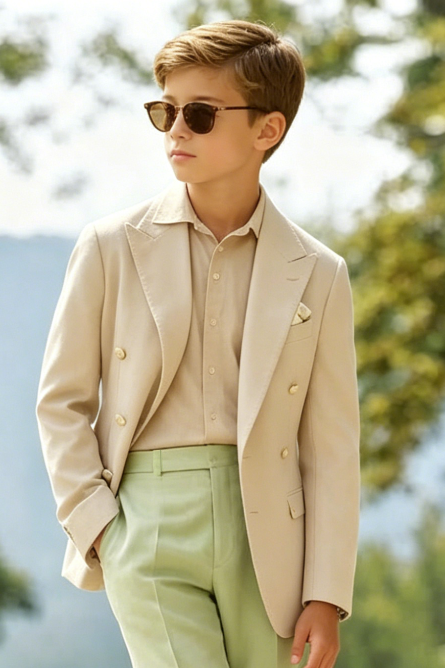 Beige Cotton-Linen Blend Double-Breasted Tailored Blazer