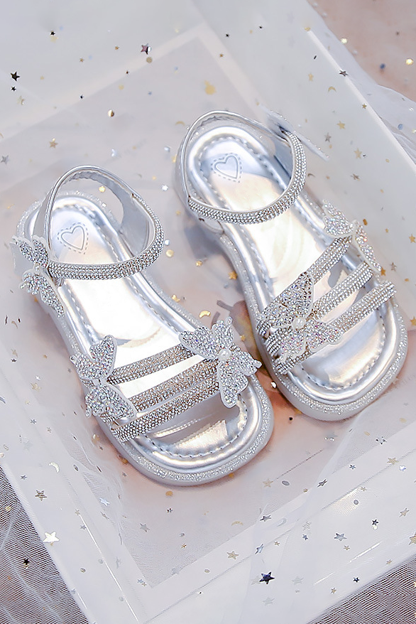 Cream Rhinestone Butterfly Pearl Soft Flat Girls Formal Dress Sandals Shoes