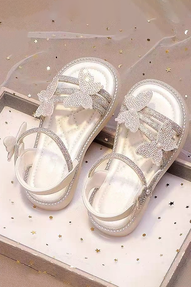 Cream Rhinestone Butterfly Pearl Soft Flat Girls Formal Dress Sandals Shoes