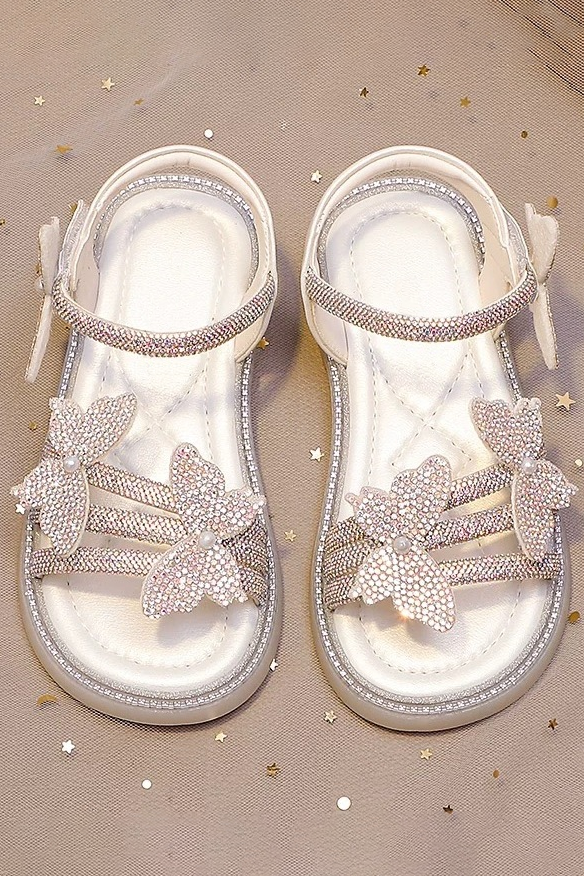 Cream Rhinestone Butterfly Pearl Soft Flat Girls Formal Dress Sandals Shoes