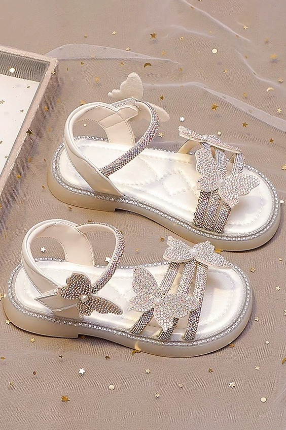 Cream Rhinestone Butterfly Pearl Soft Flat Girls Formal Dress Sandals Shoes