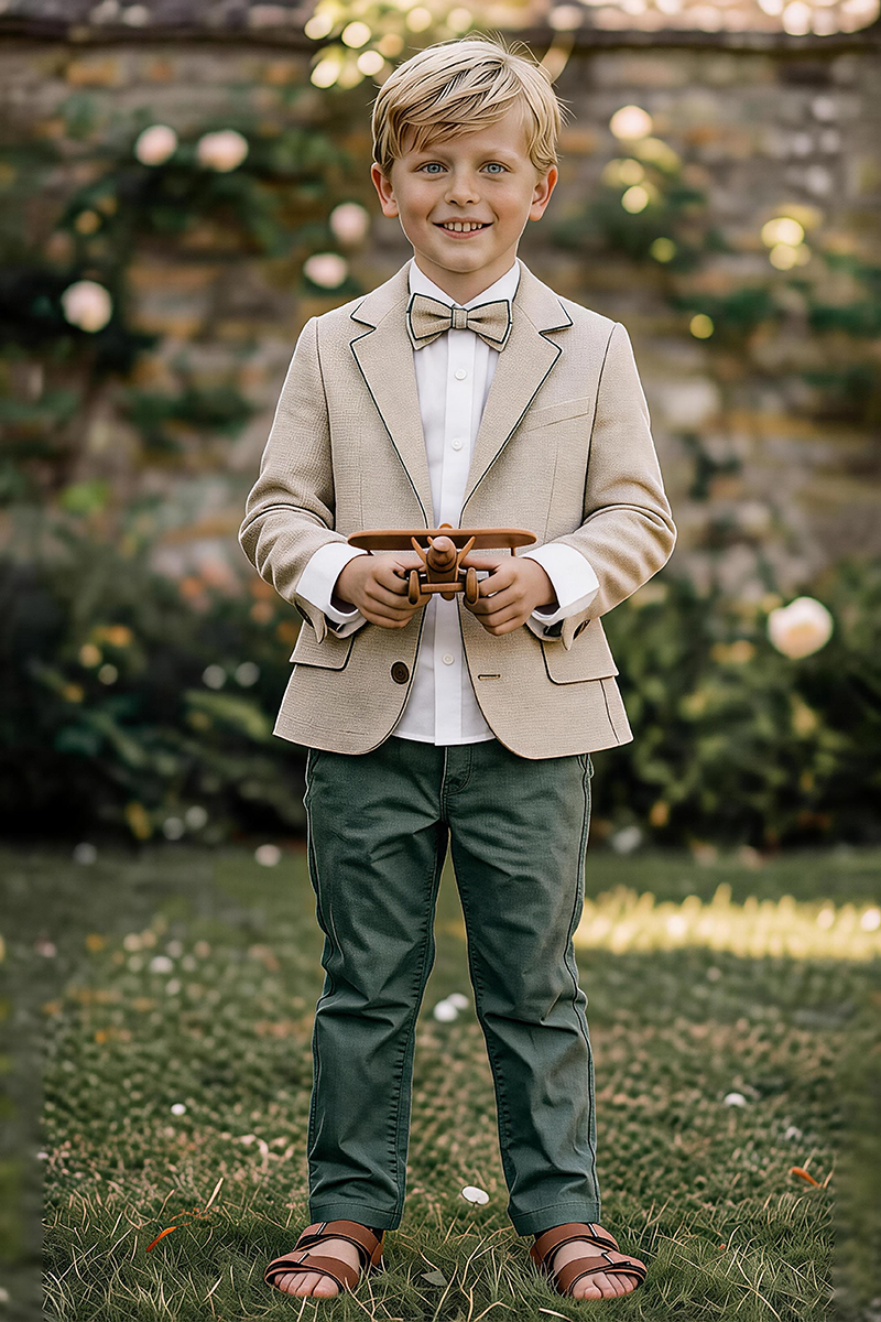 Boys Beige Notch Lapel Textured Blazer & Olive Trousers 2-Piece Suit
