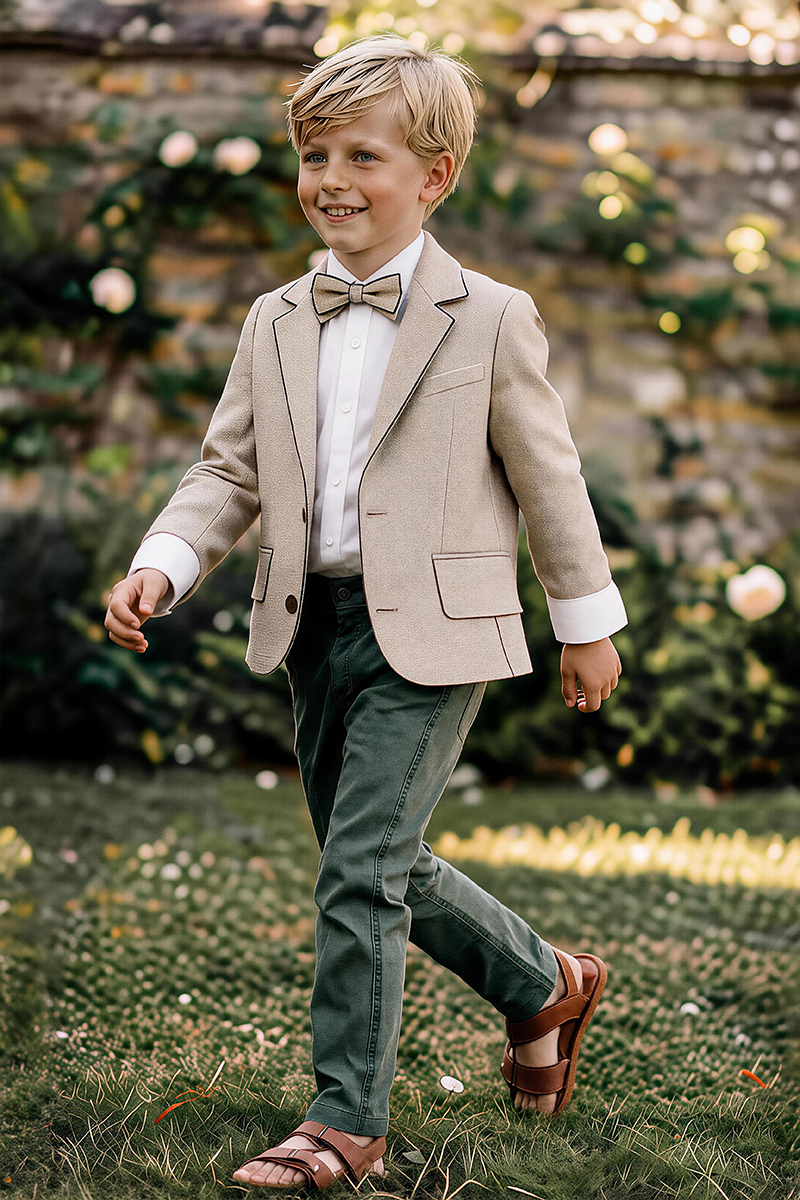 Boys Beige Notch Lapel Textured Blazer & Olive Trousers 2-Piece Suit