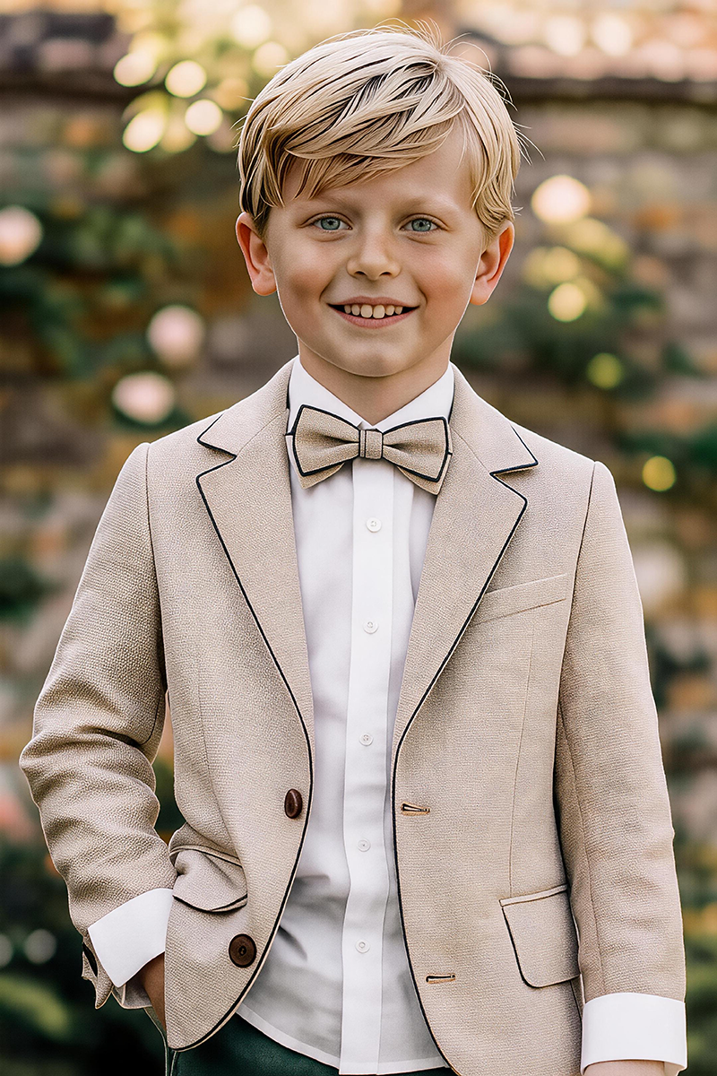 Boys Beige Notch Lapel Textured Blazer & Olive Trousers 2-Piece Suit
