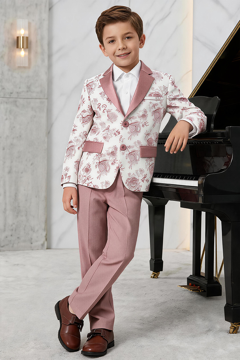 Boys White Floral Printed Notch Lapel Blazer & Dusty Pink Trousers 2-Piece Suit