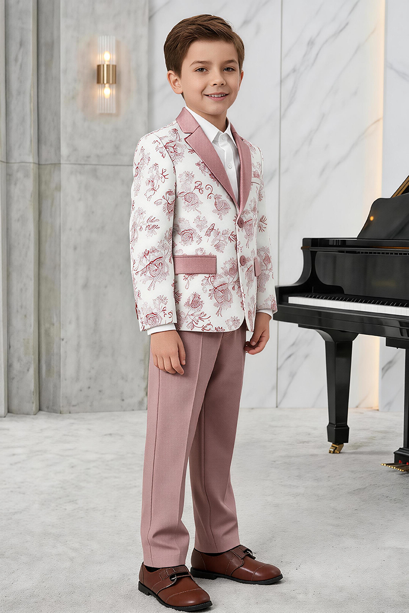 Boys White Floral Printed Notch Lapel Blazer & Dusty Pink Trousers 2-Piece Suit