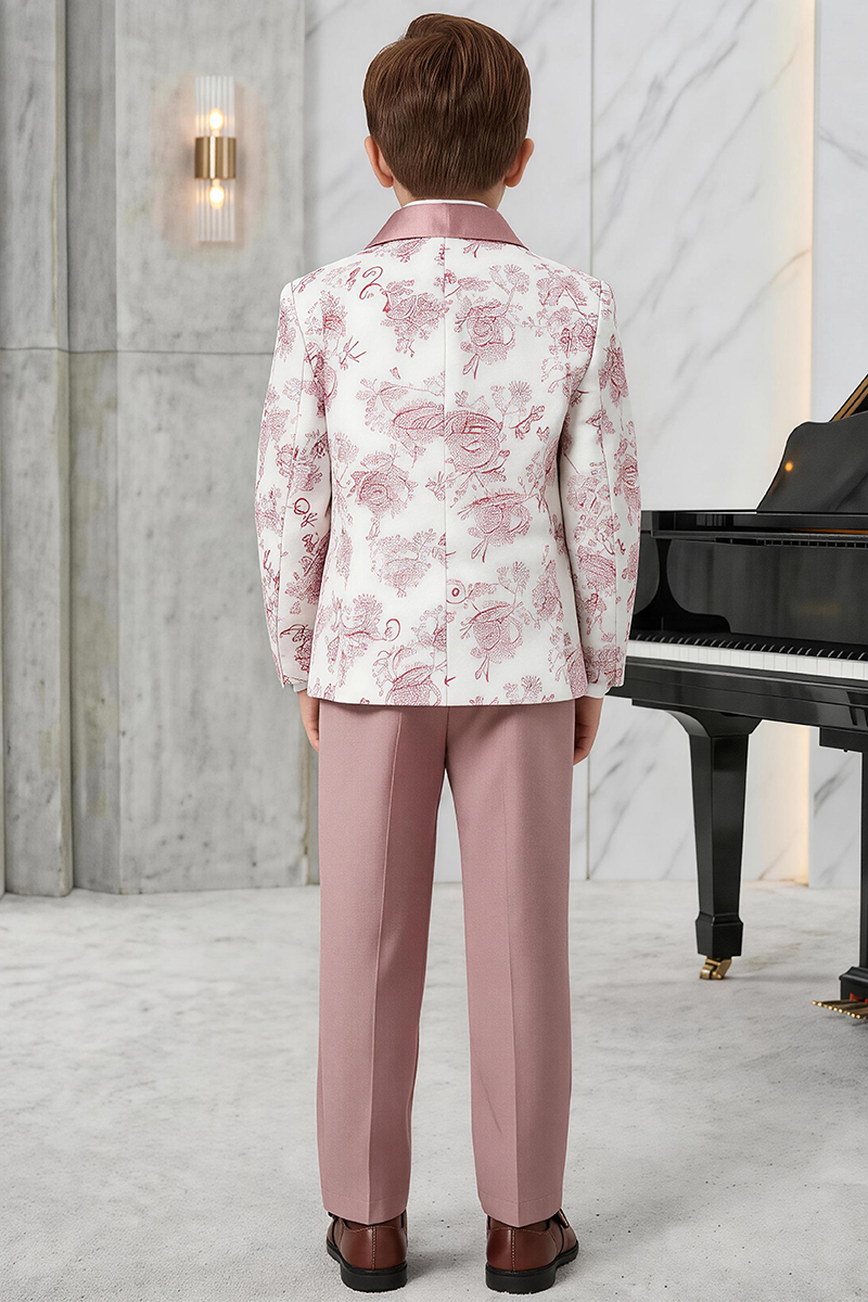 Boys White Floral Printed Notch Lapel Blazer & Dusty Pink Trousers 2-Piece Suit