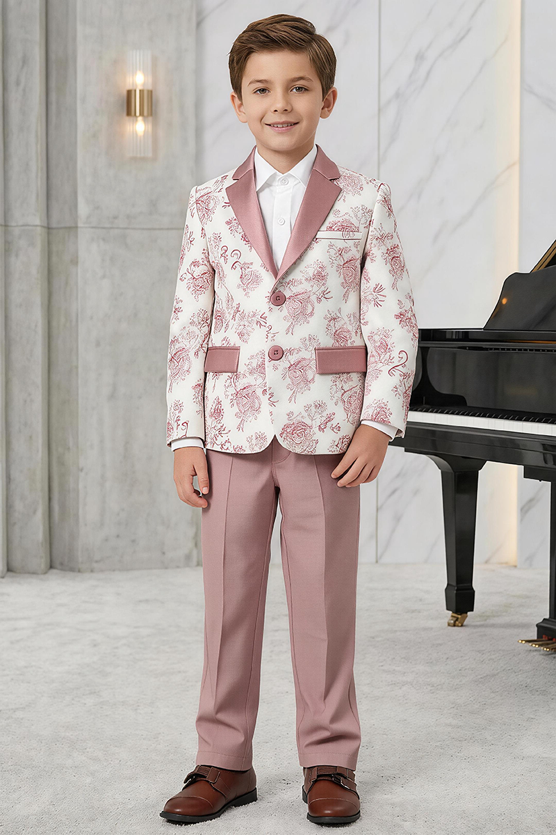 Boys White Floral Printed Notch Lapel Blazer & Dusty Pink Trousers 2-Piece Suit