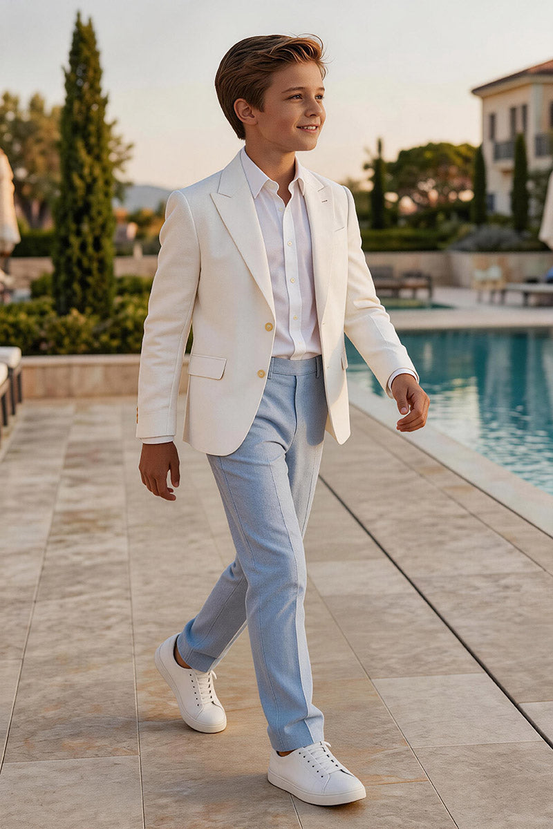 Boys Cream Notch Lapel Blazer & Light Blue Trouser2-Piece Suit for Summer Wedding