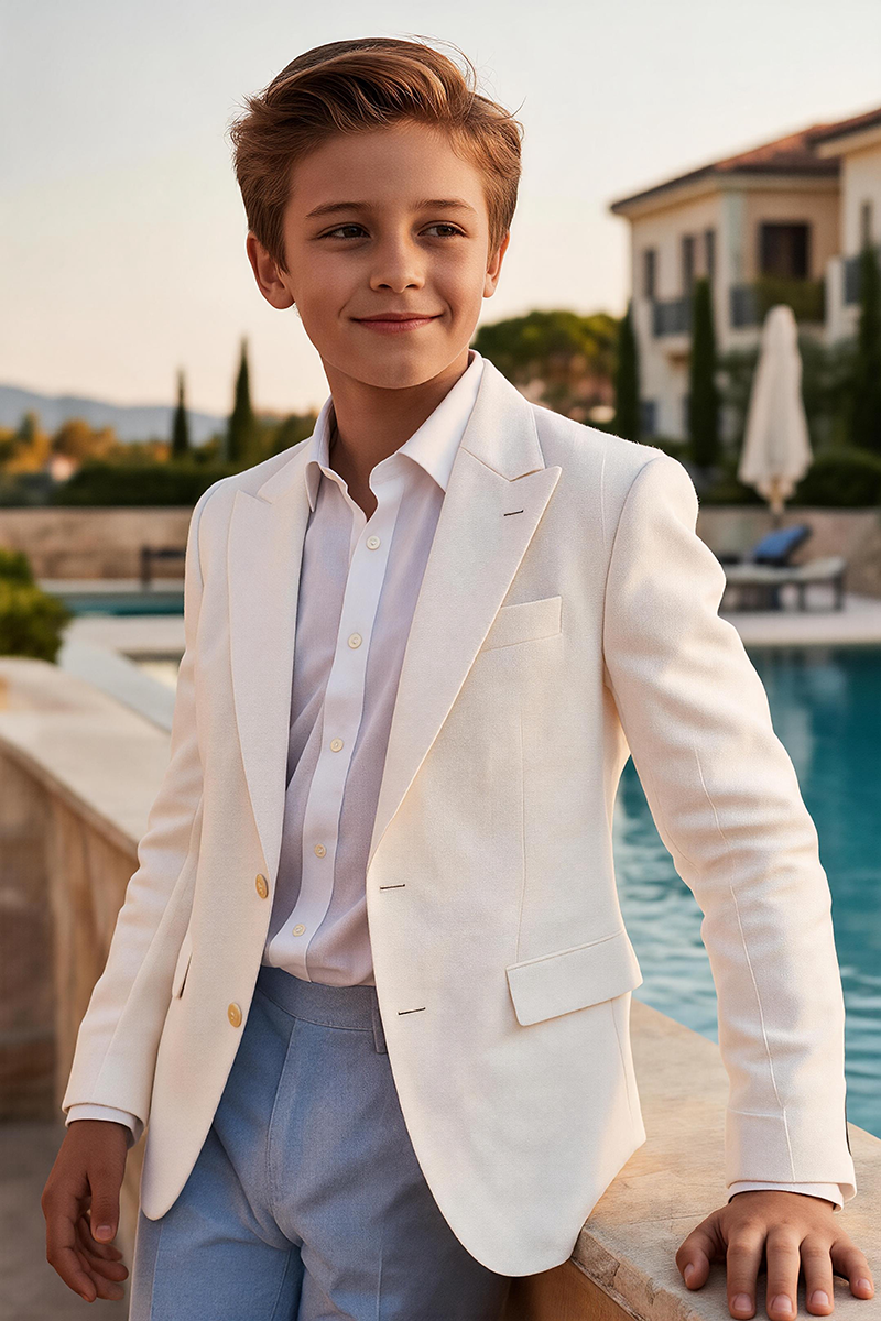 Boys Cream Notch Lapel Blazer & Light Blue Trouser2-Piece Suit for Summer Wedding