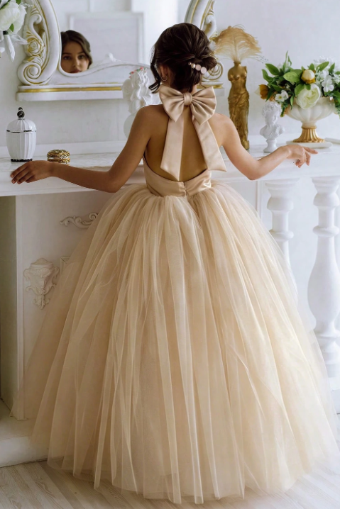Champagne Satin Halter Back Bow Multi-Layer Tulle A-Line Dress