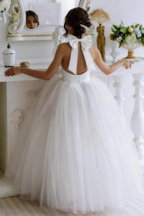 Champagne Satin Halter Back Bow Multi-Layer Tulle A-Line Dress