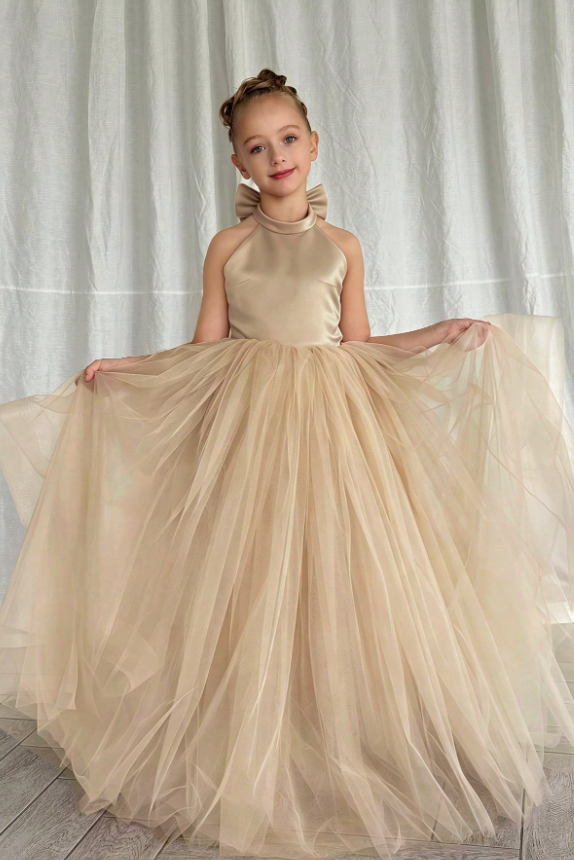 Champagne Satin Halter Back Bow Multi-Layer Tulle A-Line Dress