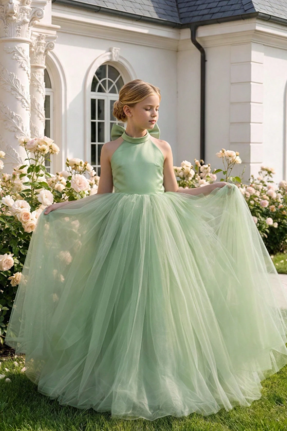 Champagne Satin Halter Back Bow Multi-Layer Tulle A-Line Dress