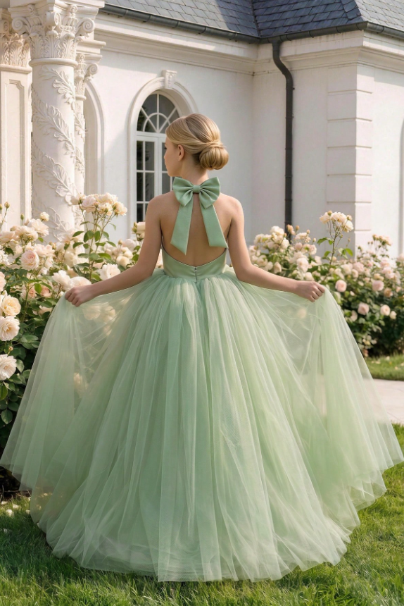 Champagne Satin Halter Back Bow Multi-Layer Tulle A-Line Dress