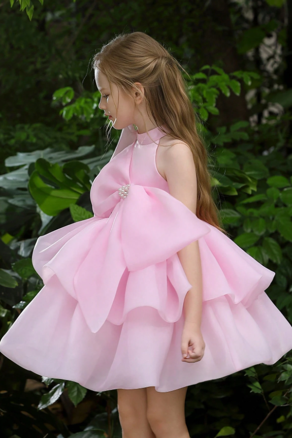Pink Halter Organza Oversized Pearl Embellished Side Bow A-Line Dress