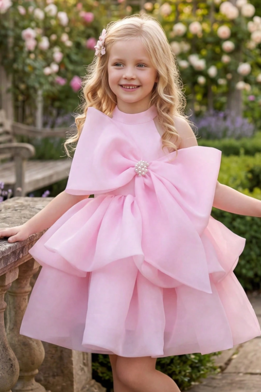 Pink Halter Organza Oversized Pearl Embellished Side Bow A-Line Dress