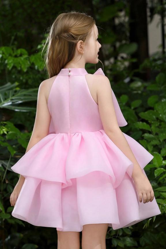 Pink Halter Organza Oversized Pearl Embellished Side Bow A-Line Dress