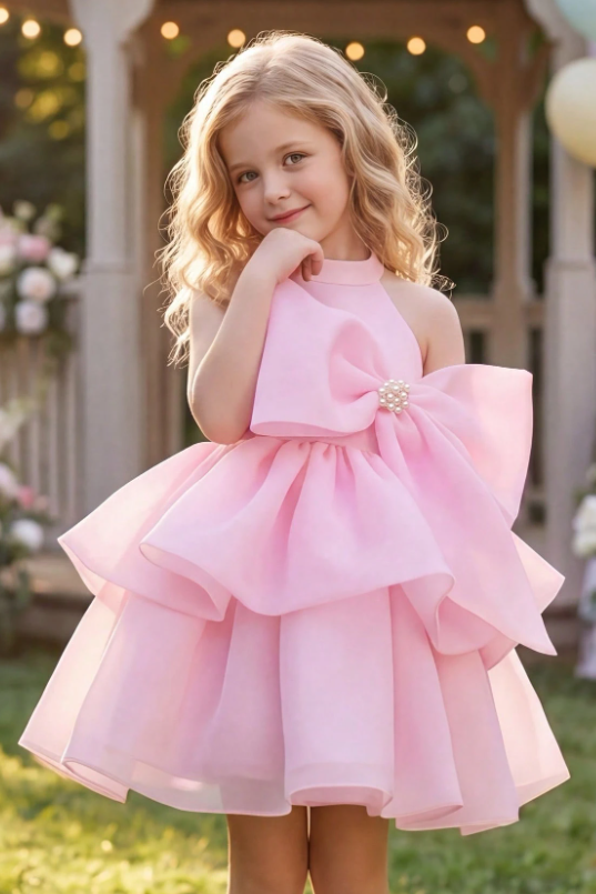 Pink Halter Organza Oversized Pearl Embellished Side Bow A-Line Dress