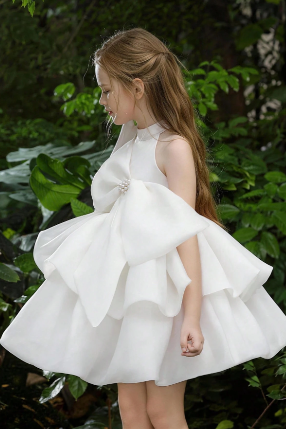 Pink Halter Organza Oversized Pearl Embellished Side Bow A-Line Dress