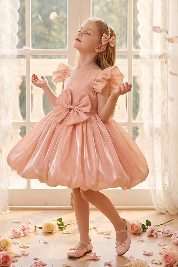 Warm Peach Iridescent Mermaid Organza Ruffle Bow Bubble Dress