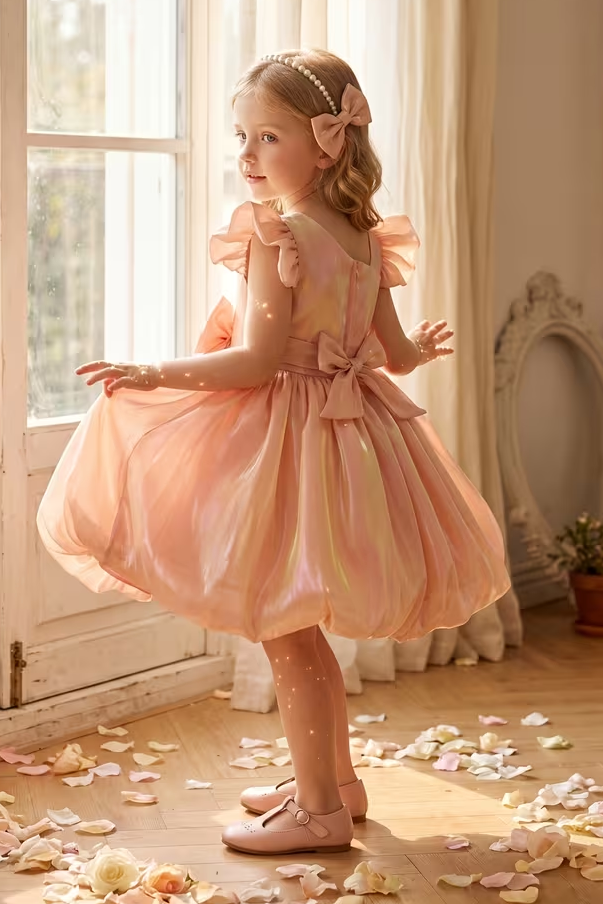 Warm Peach Iridescent Mermaid Organza Ruffle Bow Bubble Dress