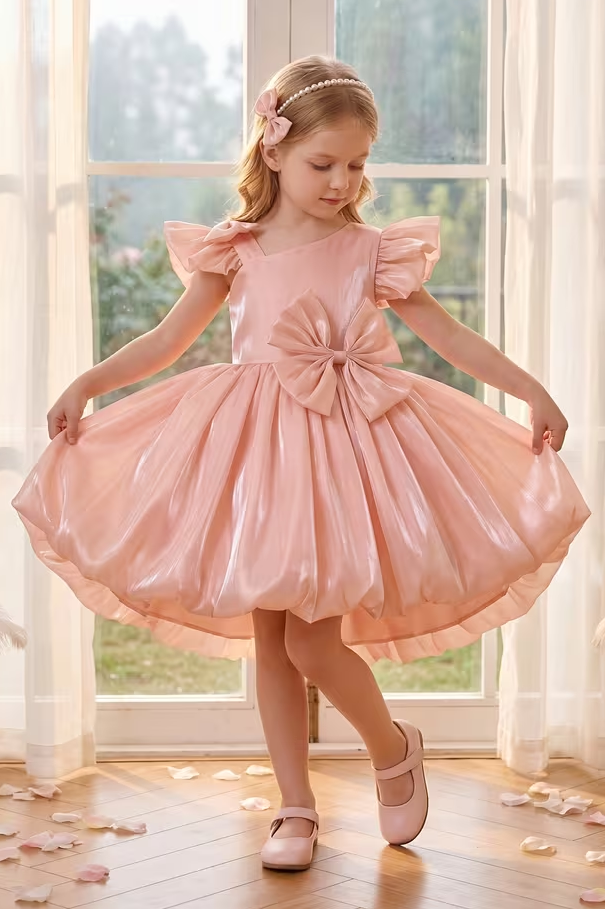 Warm Peach Iridescent Mermaid Organza Ruffle Bow Bubble Dress